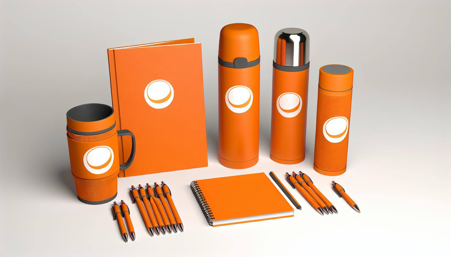 Artículos promocionales como termos, bolígrafos, libretas, cilindros color naranja minimalista en 3d con logo-1